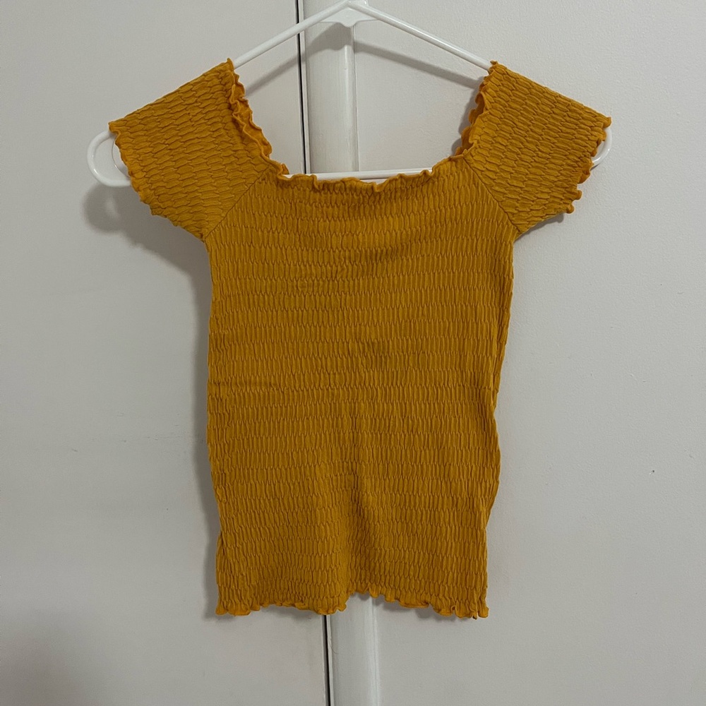 Off-the-Shoulder Lettuce Edge Mustard Yellow Crop Top